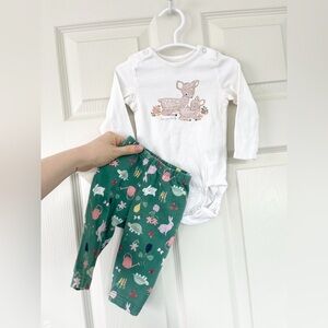 H&M Deer Onesie and Green Gardening Patterned Pants Set